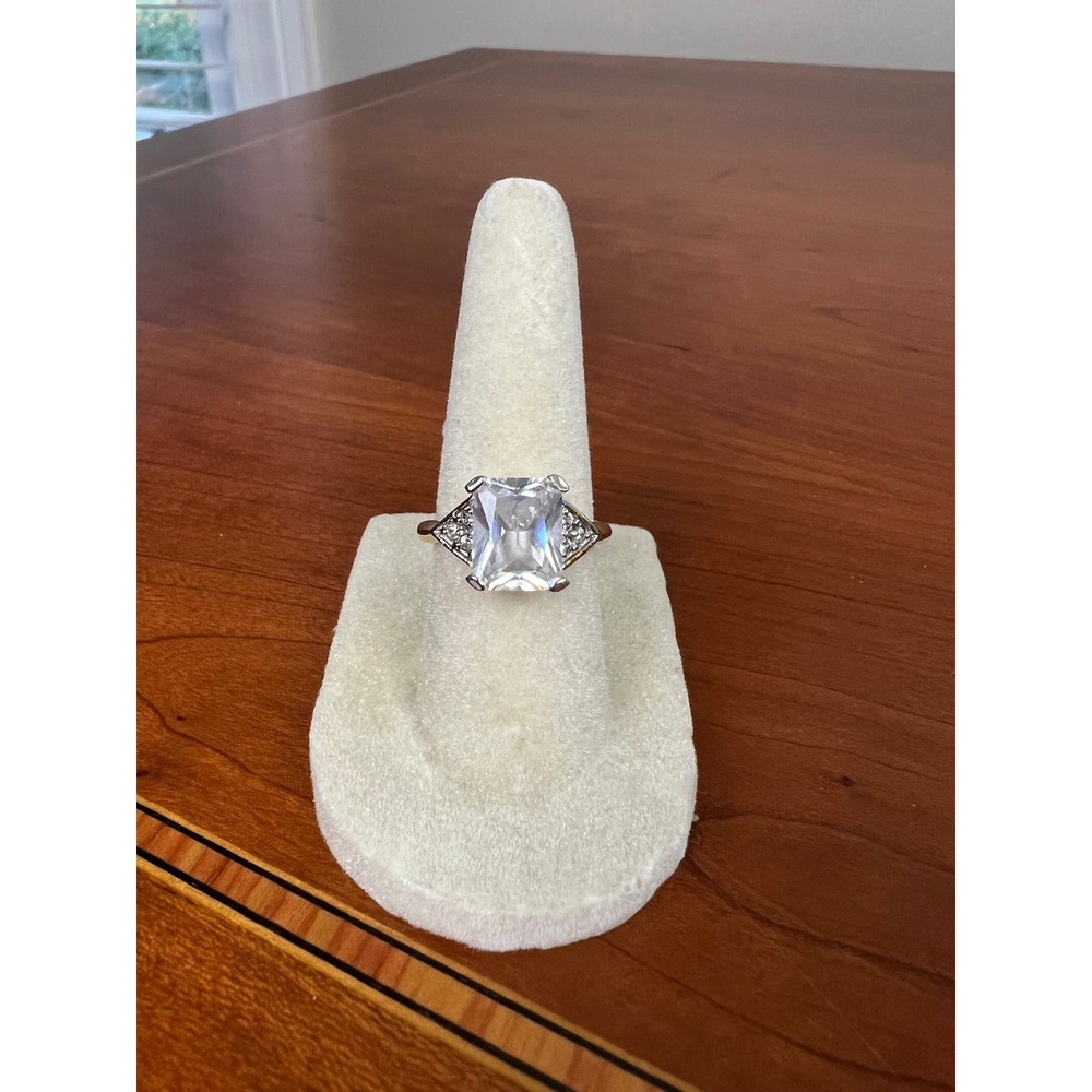 Gold Tone Emerald Cut Clear Stone Cocktail Ring Pavé Triangle Accents Size 6